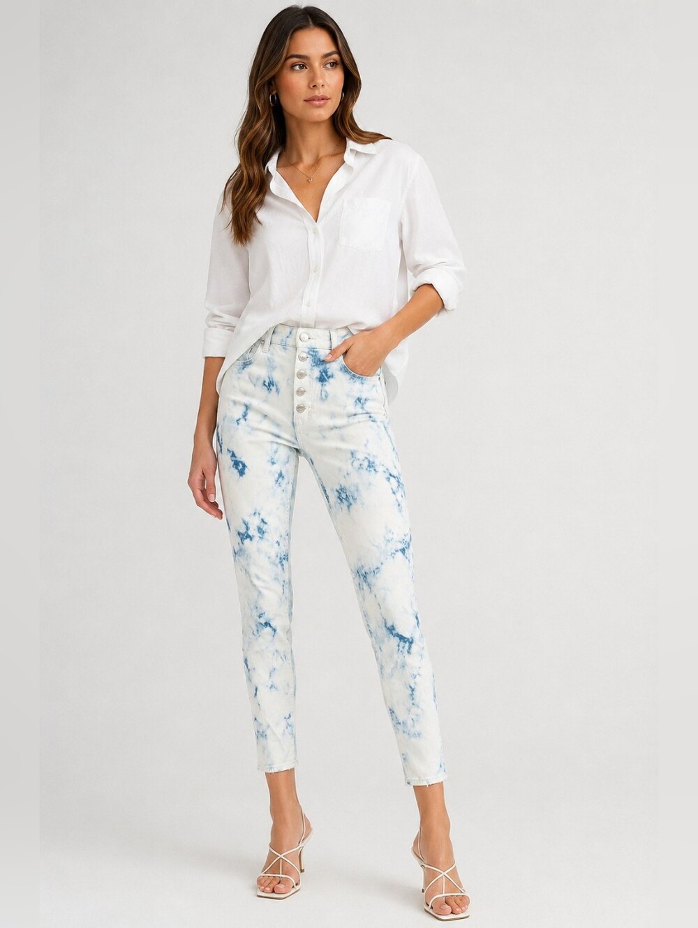 Veronica Beard White and Blue Tie-Dye Cropped Ankle Jeans